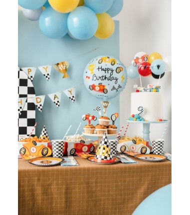 Balon foliowy pastylka Happy Birthday, Wyścigówka, 35x35 cm