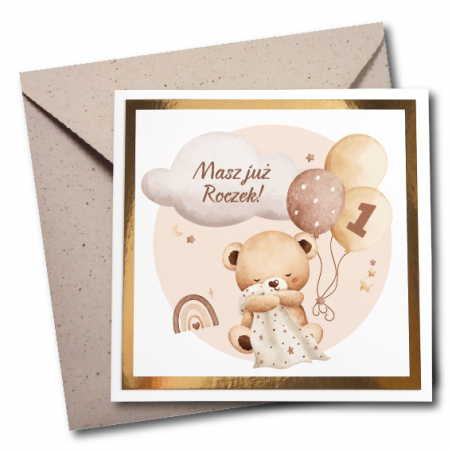 Kartka okolicznościowa na ROCZEK - Błysk - BEŻOWY MIŚ