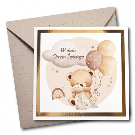 Kartka okolicznościowa na CHRZEST ŚWIĘTY - Błysk - BEŻOWY MIŚ