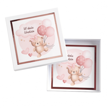 Kartka Okolicznościowa w Pudełku na Urodziny - Błysk - Różowy Miś