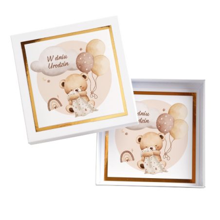 Kartka Okolicznościowa w Pudełku na Urodziny - Błysk - Beżowy Miś