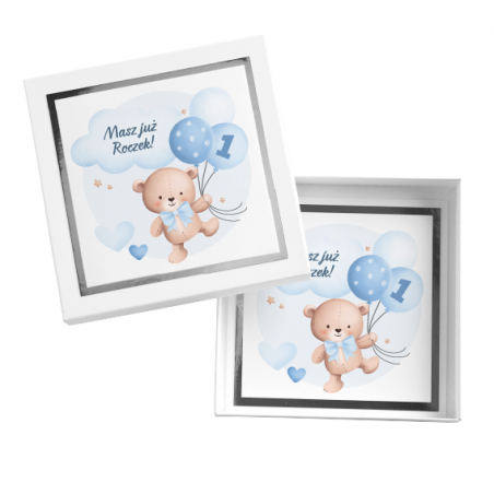 Kartka Okolicznościowa w Pudełku na Roczek - Błysk - Niebieski Miś