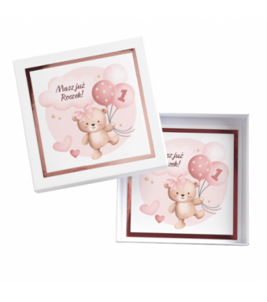 Kartka Okolicznościowa w Pudełku na Roczek - Błysk - Różowy Miś