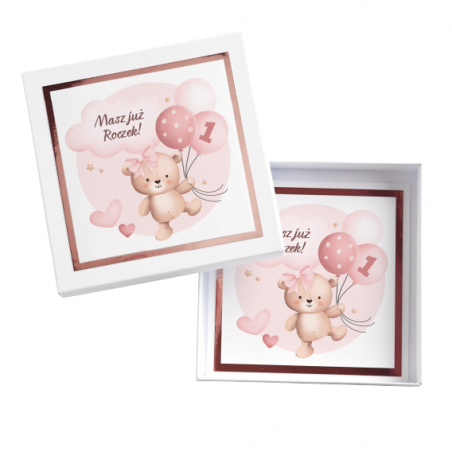 Kartka Okolicznościowa w Pudełku na Roczek - Błysk - Różowy Miś