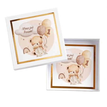 Kartka Okolicznościowa w Pudełku na Roczek - Błysk - Beżowy Miś