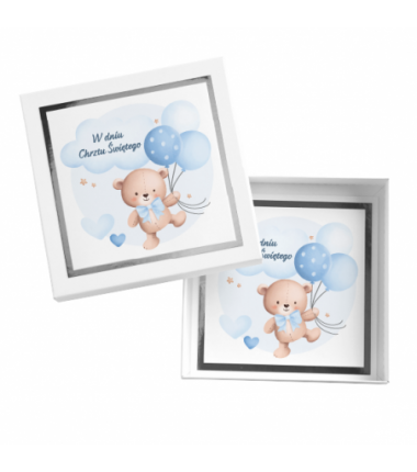 Kartka Okolicznościowa w Pudełku na Chrzest Święty - Błysk - Niebieski Miś