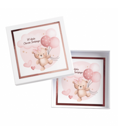 Kartka Okolicznościowa w Pudełku na Chrzest Święty - Błysk - Różowy Miś