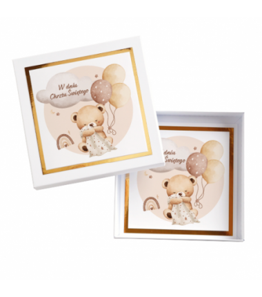 Kartka Okolicznościowa w Pudełku na Chrzest Święty - Błysk - Beżowy Miś