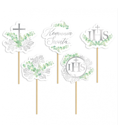 Toppery na tort komunijny Eukaliptus srebrny - 5 sztuk