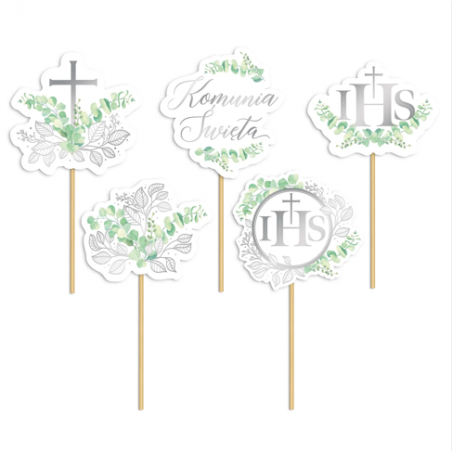 Toppery na tort komunijny Eukaliptus srebrny - 5 sztuk