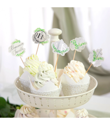 Toppery na tort komunijny Eukaliptus srebrny - 5 sztuk