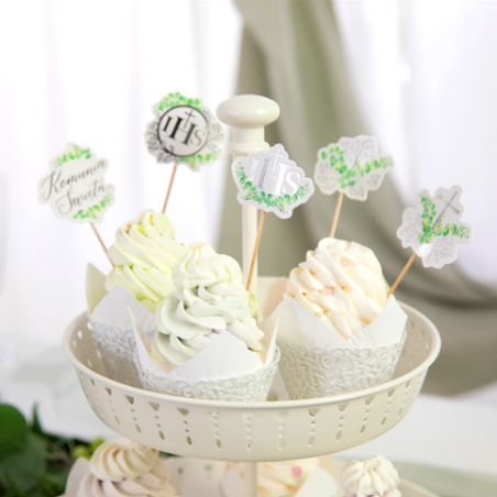 Toppery na tort komunijny Eukaliptus srebrny - 5 sztuk