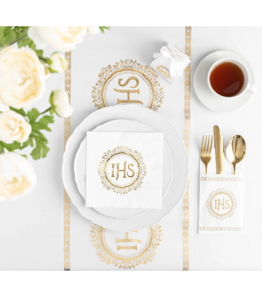 Kieszonki na sztućce IHS biało-złote - 16 sztuk