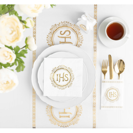 Kieszonki na sztućce IHS biało-złote - 16 sztuk