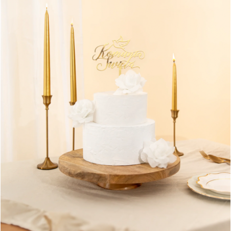 Topper na tort z napisem Komunia Święta Gołąbek lustrzany złoty - 1 sztuka
