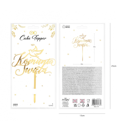 Topper na tort z napisem Komunia Święta Gołąbek lustrzany złoty - 1 sztuka