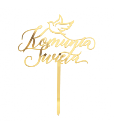 Topper na tort z napisem Komunia Święta Gołąbek lustrzany złoty - 1 sztuka