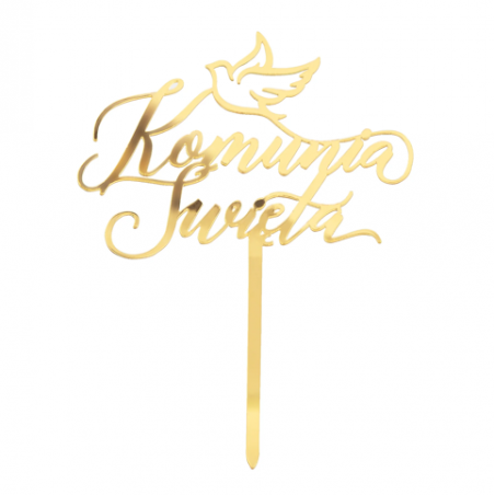 Topper na tort z napisem Komunia Święta Gołąbek lustrzany złoty - 1 sztuka