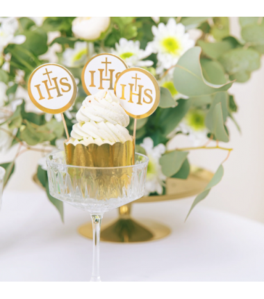 Toppery na tort komunijny IHS biało-złote - 6 sztuk
