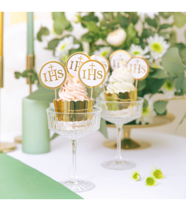 Toppery na tort komunijny IHS biało-złote - 6 sztuk