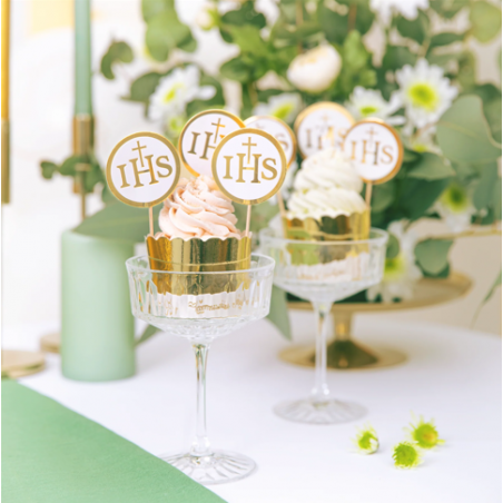 Toppery na tort komunijny IHS biało-złote - 6 sztuk