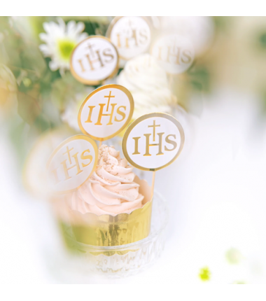 Toppery na tort komunijny IHS biało-złote - 6 sztuk