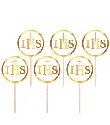 Toppery na tort komunijny IHS biało-złote - 6 sztuk