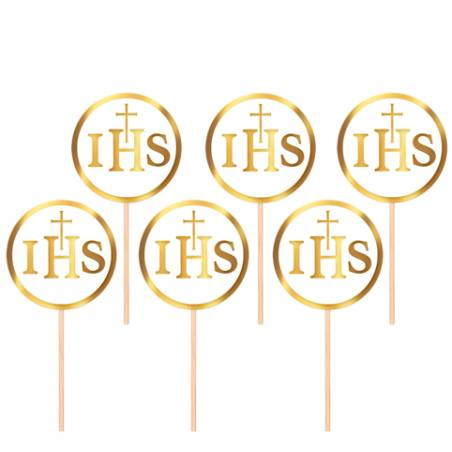 Toppery na tort komunijny IHS biało-złote - 6 sztuk