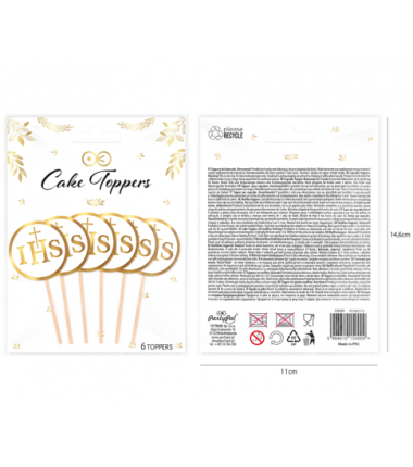 Toppery na tort komunijny IHS biało-złote - 6 sztuk