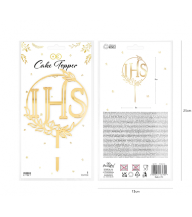 Topper Komunia Święta IHS lustrzany złoty - 1 sztuka
