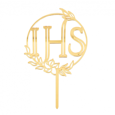 Topper Komunia Święta IHS lustrzany złoty - 1 sztuka