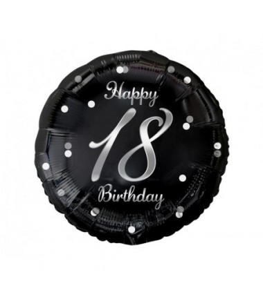 Balon foliowy Happy 18 Birthday, czarny, nadruk srebrny, ok. 45 cm - 18"