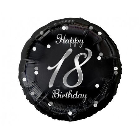 Balon foliowy Happy 18 Birthday, czarny, nadruk srebrny, ok. 45 cm - 18"