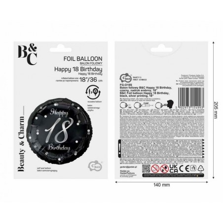Balon foliowy Happy 18 Birthday, czarny, nadruk srebrny, ok. 45 cm - 18"