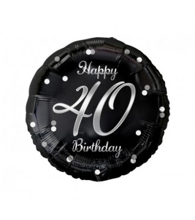 Balon foliowy Happy 40 Birthday, czarny, nadruk srebrny, ok. 45 cm - 18"