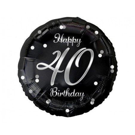 Balon foliowy Happy 40 Birthday, czarny, nadruk srebrny, ok. 45 cm - 18"