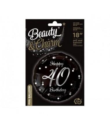 Balon foliowy Happy 40 Birthday, czarny, nadruk srebrny, ok. 45 cm - 18"