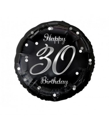 Balon foliowy Happy 30 Birthday, czarny, nadruk srebrny, ok. 45 cm - 18"