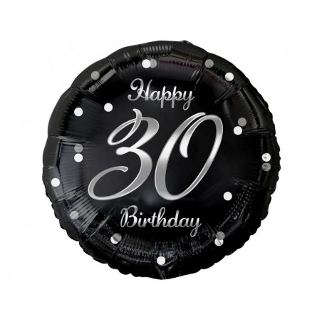 Balon foliowy Happy 30 Birthday, czarny, nadruk srebrny, ok. 45 cm - 18"