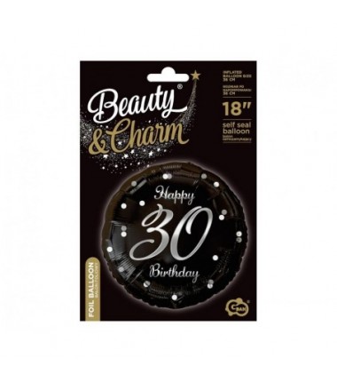 Balon foliowy Happy 30 Birthday, czarny, nadruk srebrny, ok. 45 cm - 18"