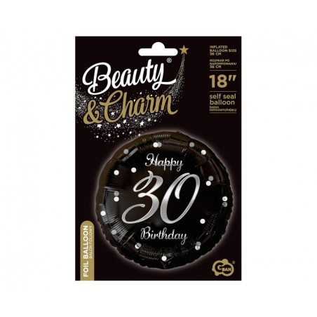 Balon foliowy Happy 30 Birthday, czarny, nadruk srebrny, ok. 45 cm - 18"