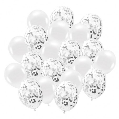 Zestaw balonów konfetti srebrne i białe 30cm - 20 sztuk