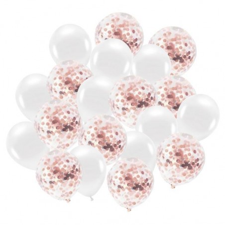Zestaw balonów konfetti rose gold i białe 30cm - 20 sztuk