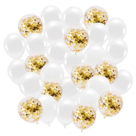 Zestaw balonów konfetti białe i złote 30cm - 30 sztuk