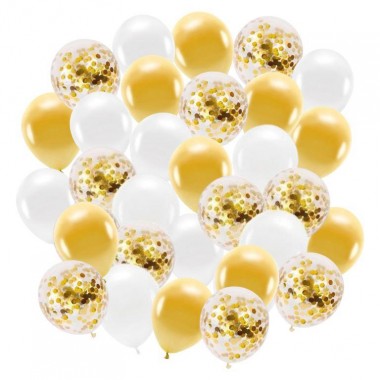 Zestaw balonów konfetti złote i białe 30cm - 30 sztuk
