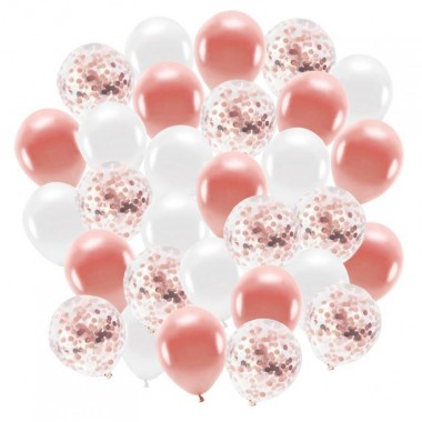 Zestaw balonów konfetti rose gold i białe 30cm - 30 sztuk