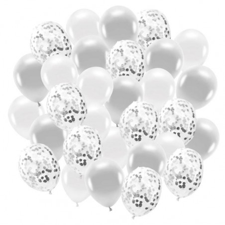 Zestaw balonów konfetti srebrne i białe 30cm - 30 sztuk