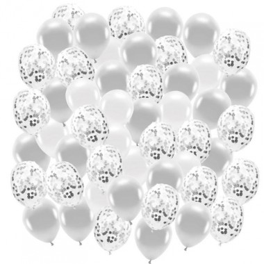 Zestaw balonów konfetti srebrne i białe 30cm - 50 sztuk