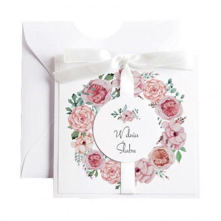 Kartka Okolicznościowa na Ślub - Biała Vintage Wianek - Kwiaty Różowe
