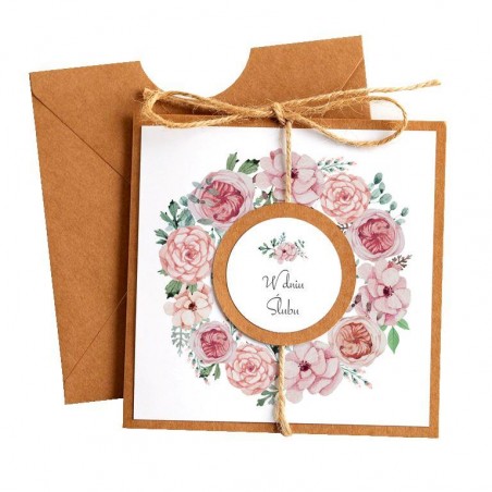 Kartka Okolicznościowa na Ślub - Eco Vintage Wianek - Kwiaty Różowe